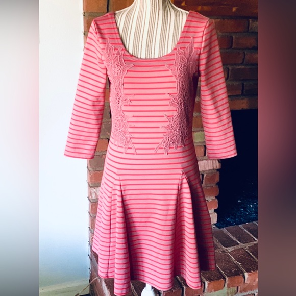Free People Salmon Pink Stripe Appliqué Skater Style Body Con Stretchy Dress SML - Picture 5 of 10